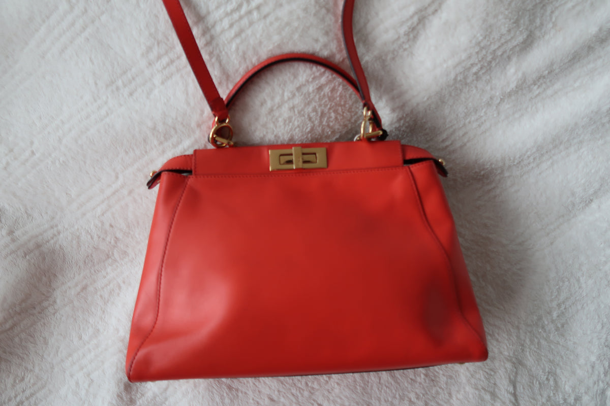 Fendi Medium Peekaboo Bag – Orange Leather with Pequin Stripe Interior