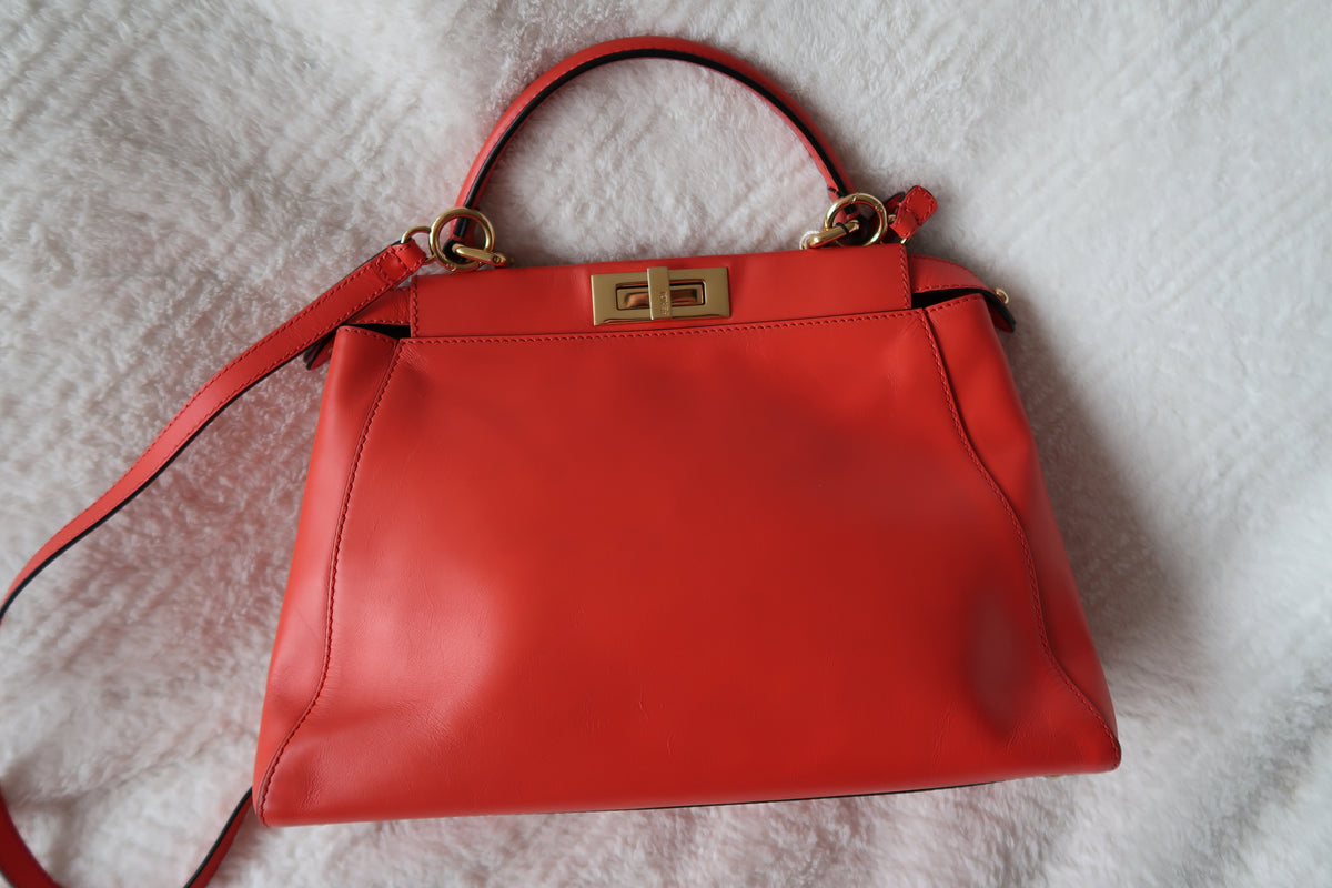 Fendi Medium Peekaboo Bag – Orange Leather with Pequin Stripe Interior