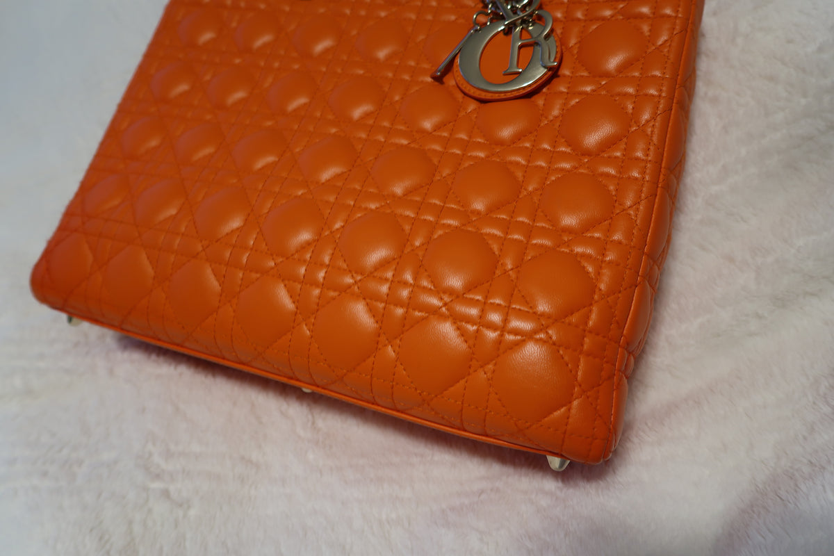 Christian Dior Large Lady Dior Bag – Orange Cannage Quilt Lambskin Leather With Strap Pristine Condition