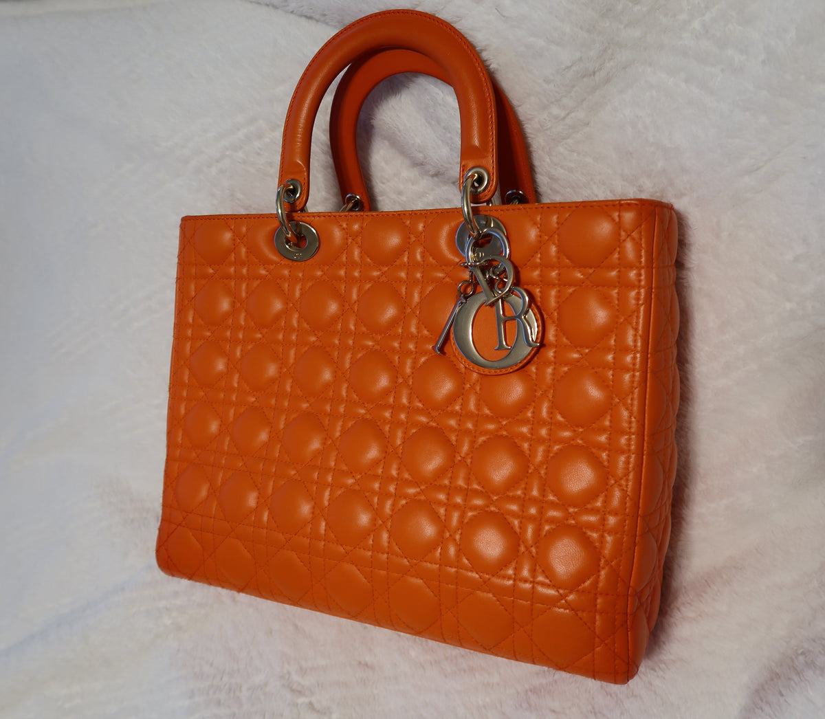 Christian Dior Large Lady Dior Bag – Orange Cannage Quilt Lambskin Leather With Strap Pristine Condition