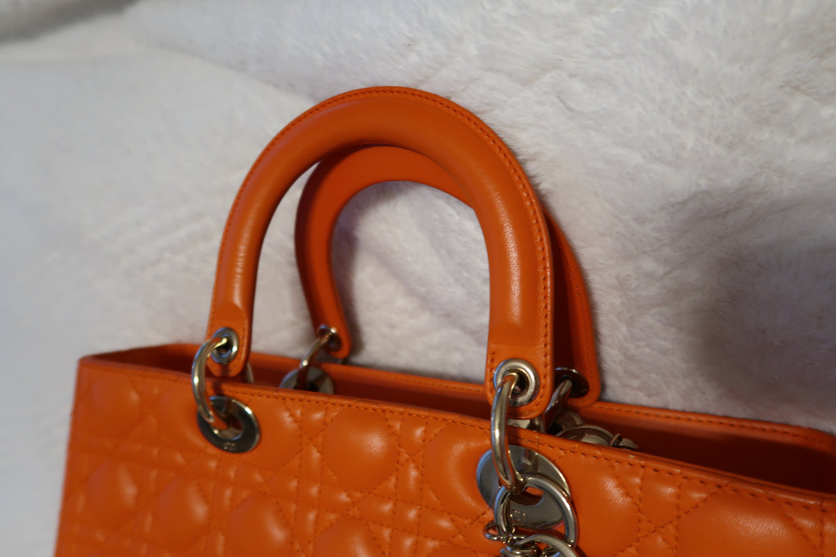 Christian Dior Large Lady Dior Bag – Orange Cannage Quilt Lambskin Leather With Strap Pristine Condition