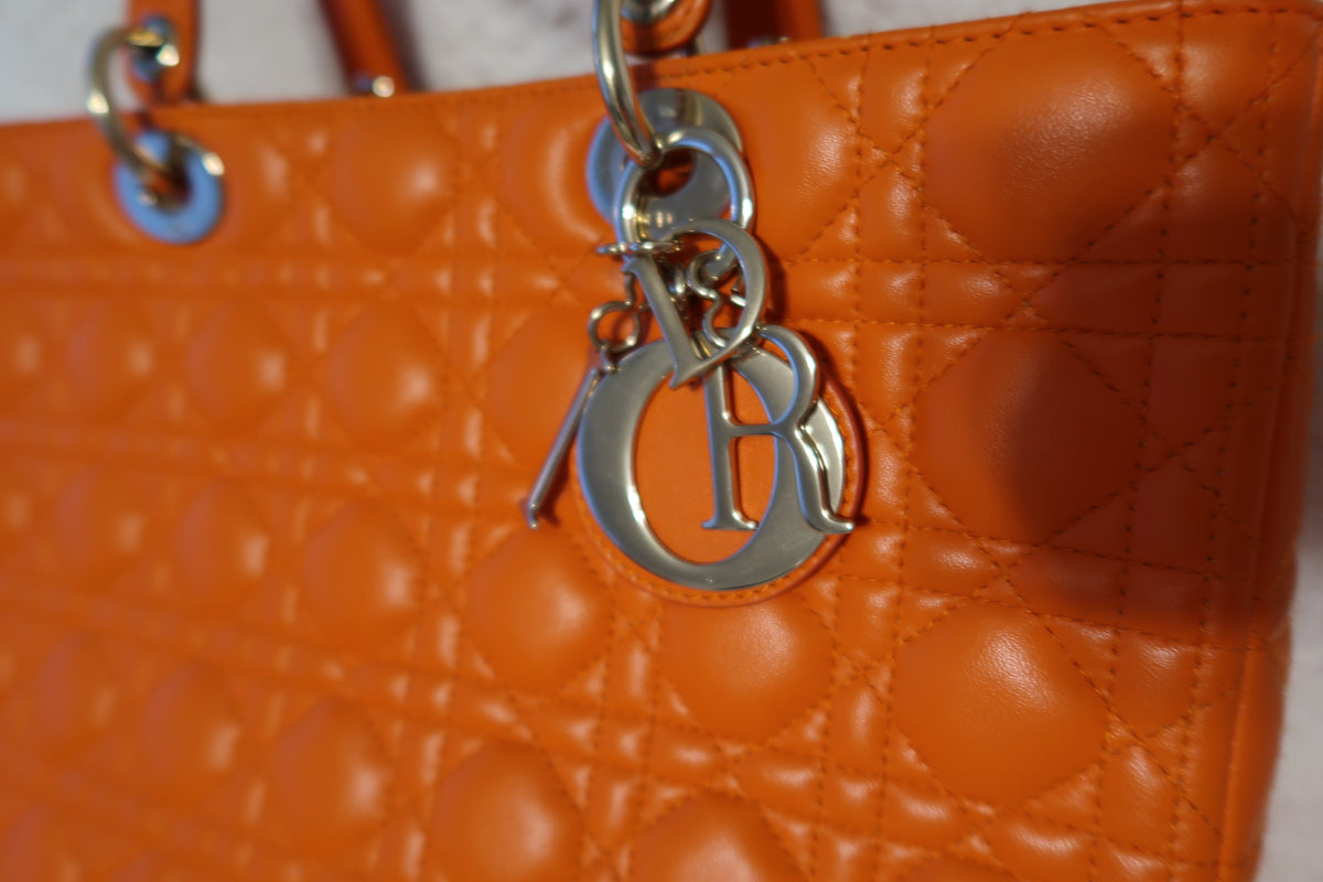 Christian Dior Large Lady Dior Bag – Orange Cannage Quilt Lambskin Leather With Strap Pristine Condition