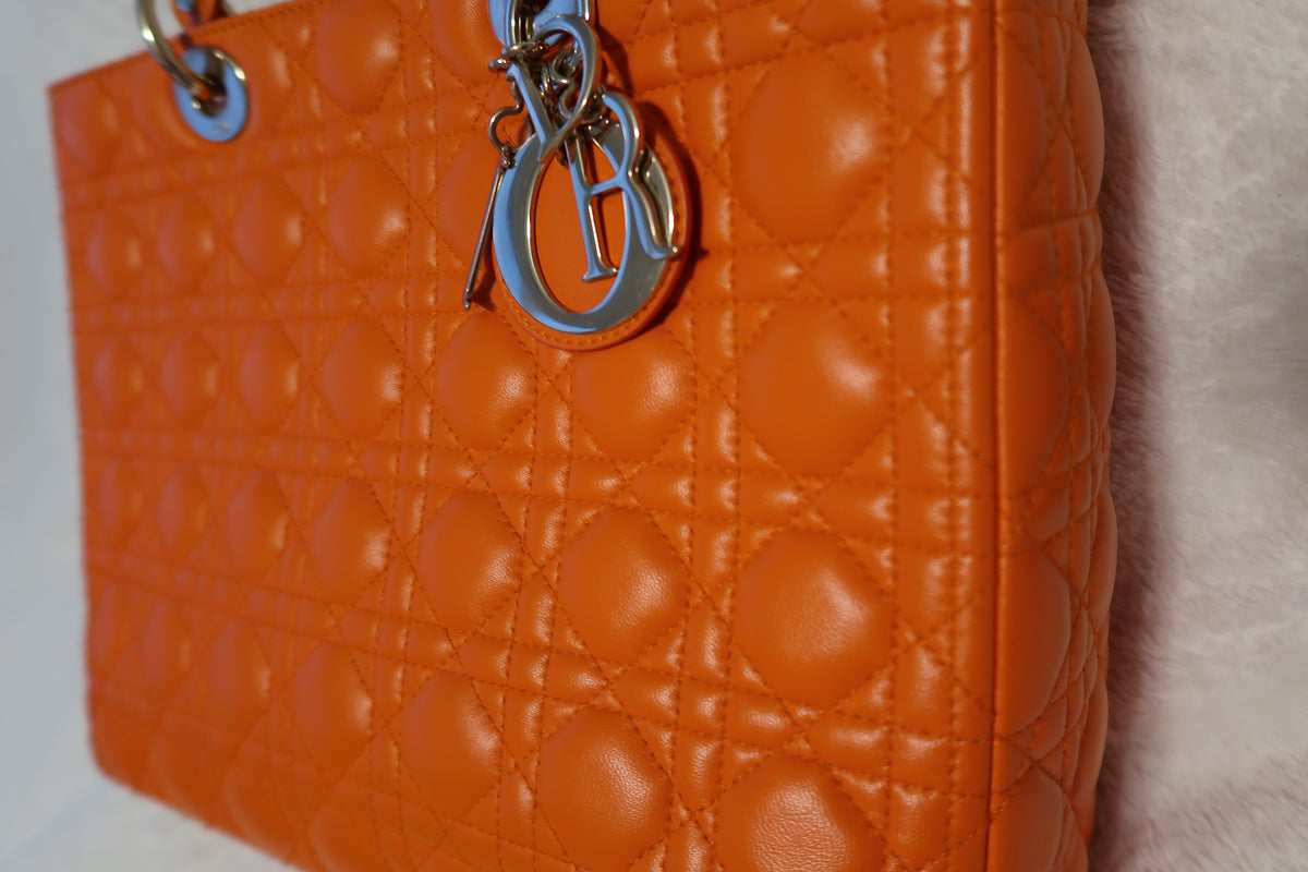 Christian Dior Large Lady Dior Bag – Orange Cannage Quilt Lambskin Leather With Strap Pristine Condition