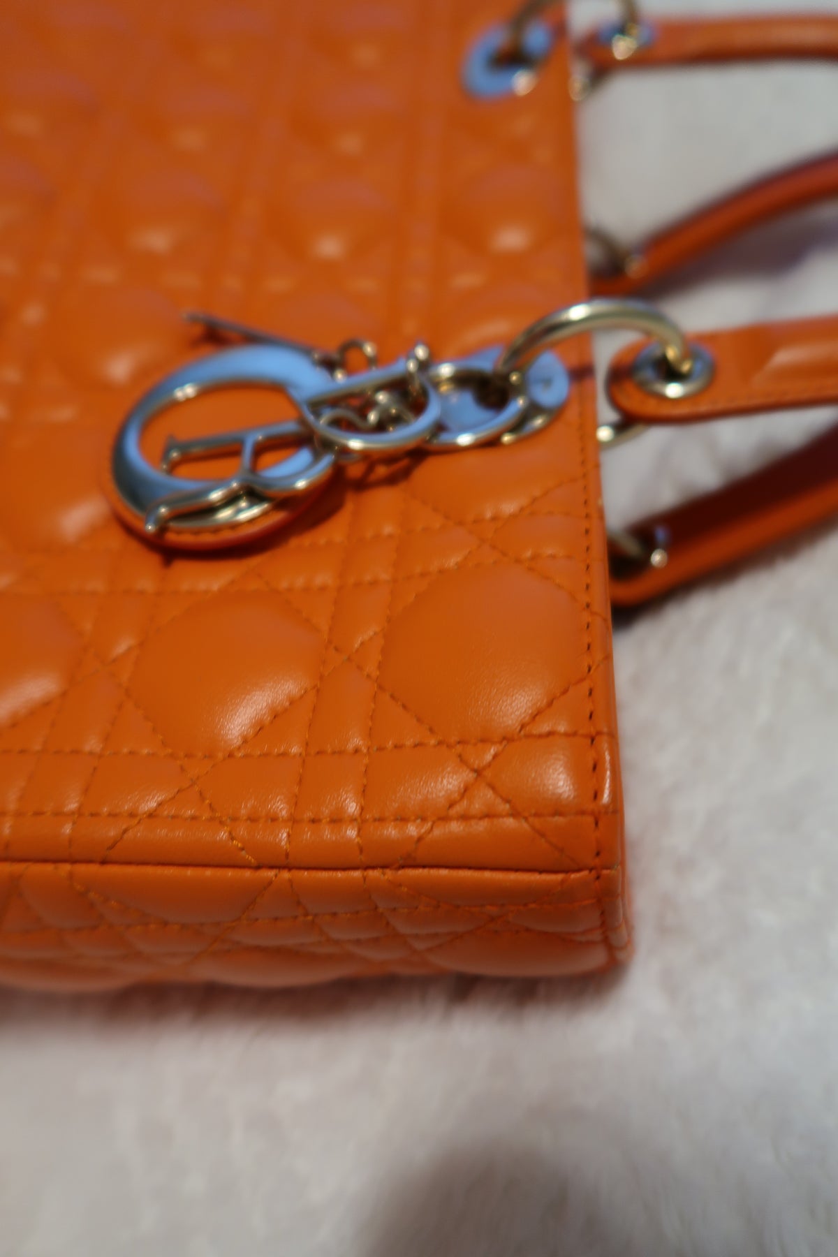 Christian Dior Large Lady Dior Bag – Orange Cannage Quilt Lambskin Leather With Strap Pristine Condition