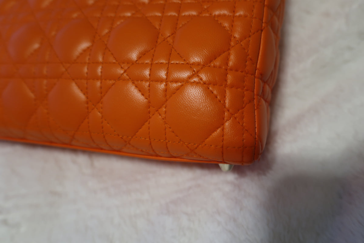 Christian Dior Large Lady Dior Bag – Orange Cannage Quilt Lambskin Leather With Strap Pristine Condition