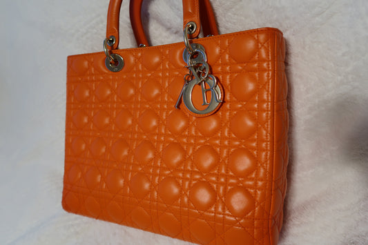 Christian Dior Large Lady Dior Bag – Orange Cannage Quilt Lambskin Leather With Strap Pristine Condition