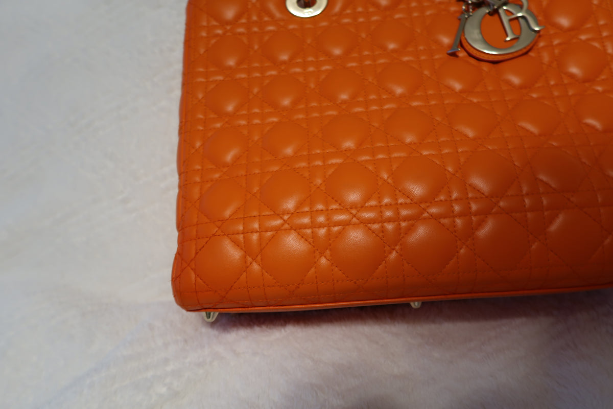 Christian Dior Large Lady Dior Bag – Orange Cannage Quilt Lambskin Leather With Strap Pristine Condition
