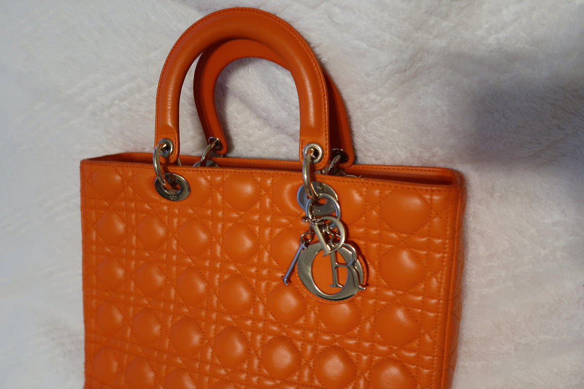 Christian Dior Large Lady Dior Bag – Orange Cannage Quilt Lambskin Leather With Strap Pristine Condition