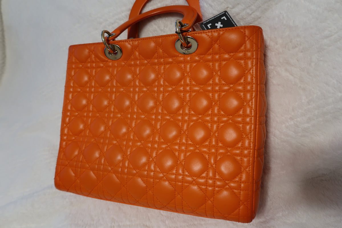 Christian Dior Large Lady Dior Bag – Orange Cannage Quilt Lambskin Leather With Strap Pristine Condition