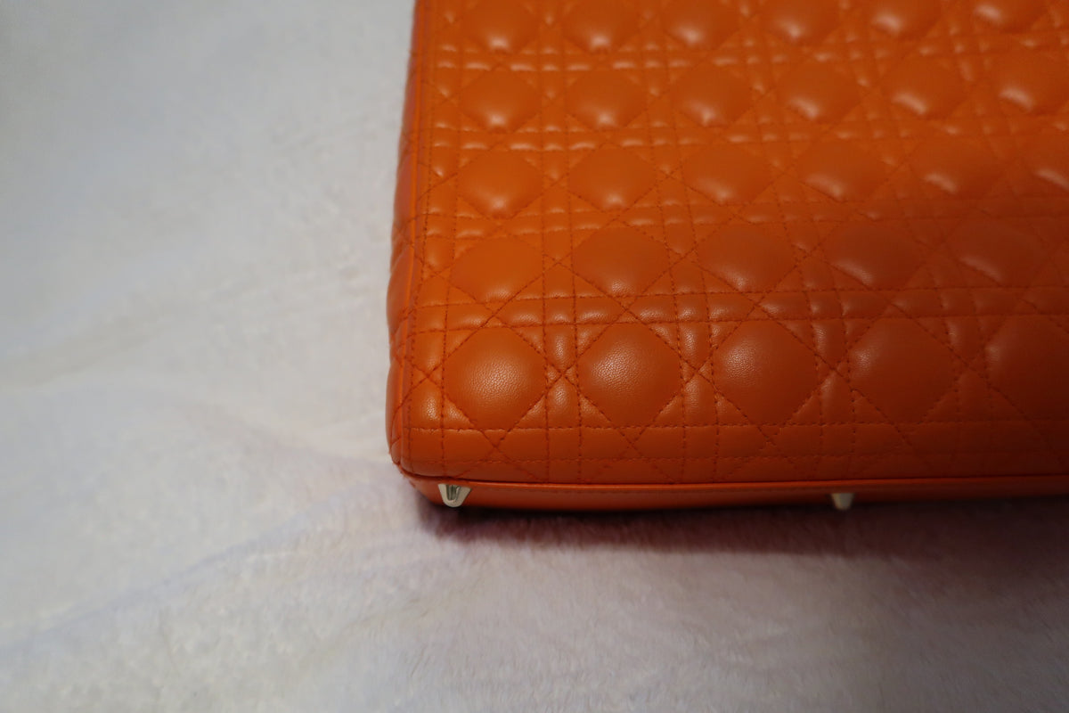 Christian Dior Large Lady Dior Bag – Orange Cannage Quilt Lambskin Leather With Strap Pristine Condition