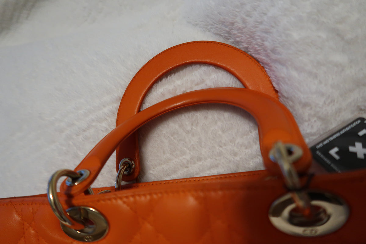 Christian Dior Large Lady Dior Bag – Orange Cannage Quilt Lambskin Leather With Strap Pristine Condition