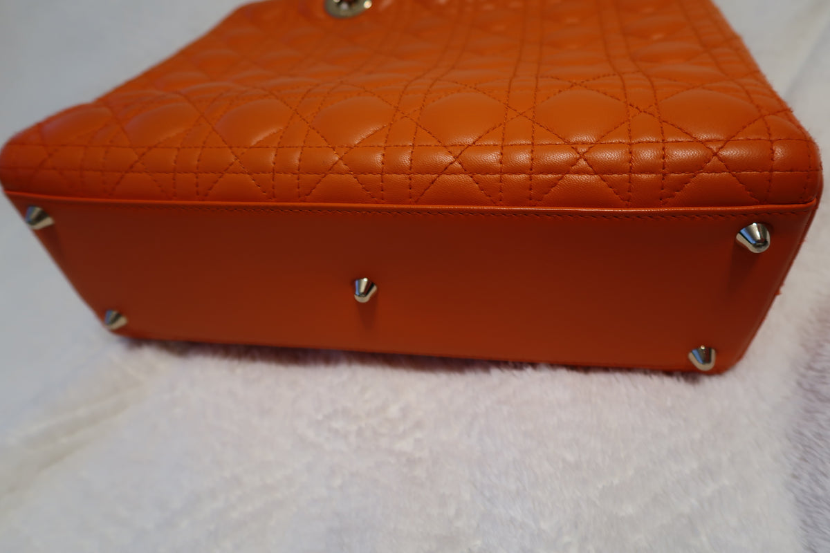 Christian Dior Large Lady Dior Bag – Orange Cannage Quilt Lambskin Leather With Strap Pristine Condition