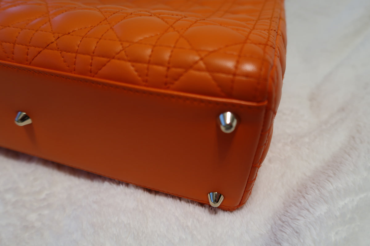 Christian Dior Large Lady Dior Bag – Orange Cannage Quilt Lambskin Leather With Strap Pristine Condition
