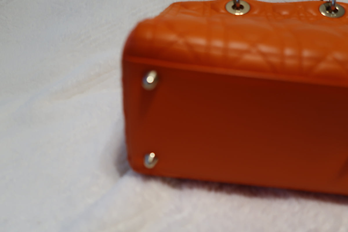 Christian Dior Large Lady Dior Bag – Orange Cannage Quilt Lambskin Leather With Strap Pristine Condition