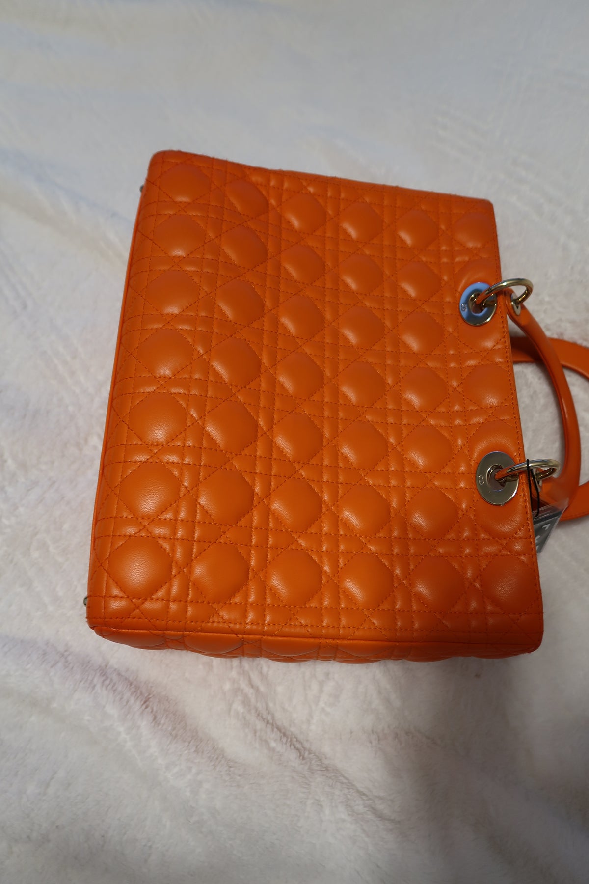 Christian Dior Large Lady Dior Bag – Orange Cannage Quilt Lambskin Leather With Strap Pristine Condition