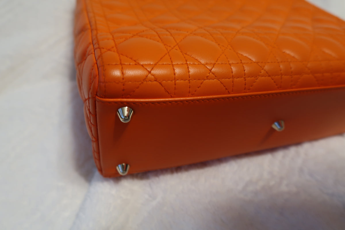 Christian Dior Large Lady Dior Bag – Orange Cannage Quilt Lambskin Leather With Strap Pristine Condition