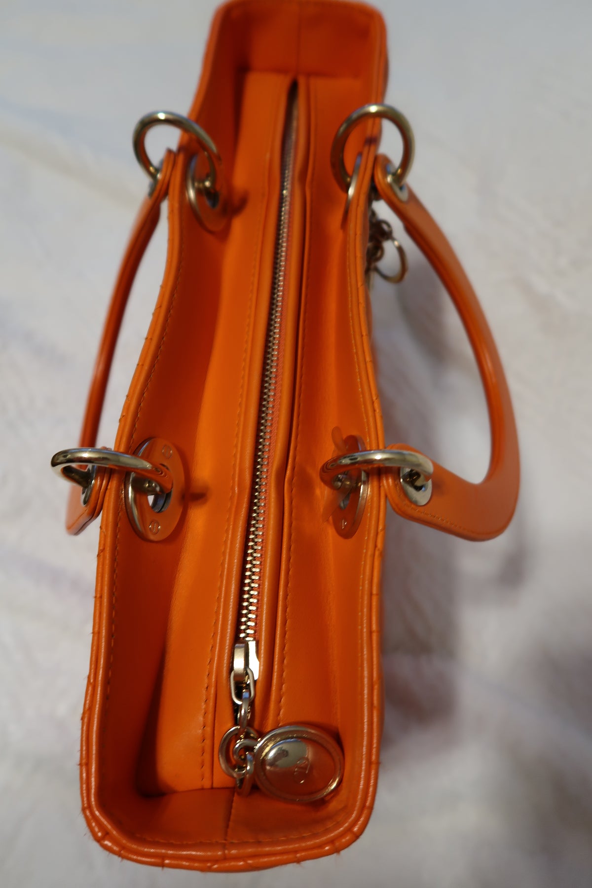 Christian Dior Large Lady Dior Bag – Orange Cannage Quilt Lambskin Leather With Strap Pristine Condition
