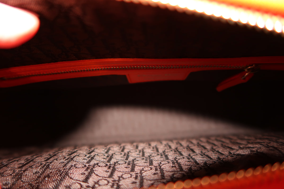 Christian Dior Large Lady Dior Bag – Orange Cannage Quilt Lambskin Leather With Strap Pristine Condition