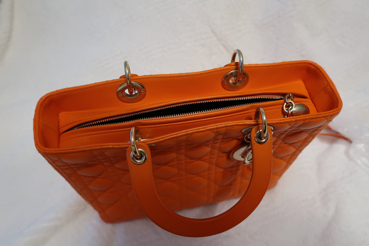Christian Dior Large Lady Dior Bag – Orange Cannage Quilt Lambskin Leather With Strap Pristine Condition
