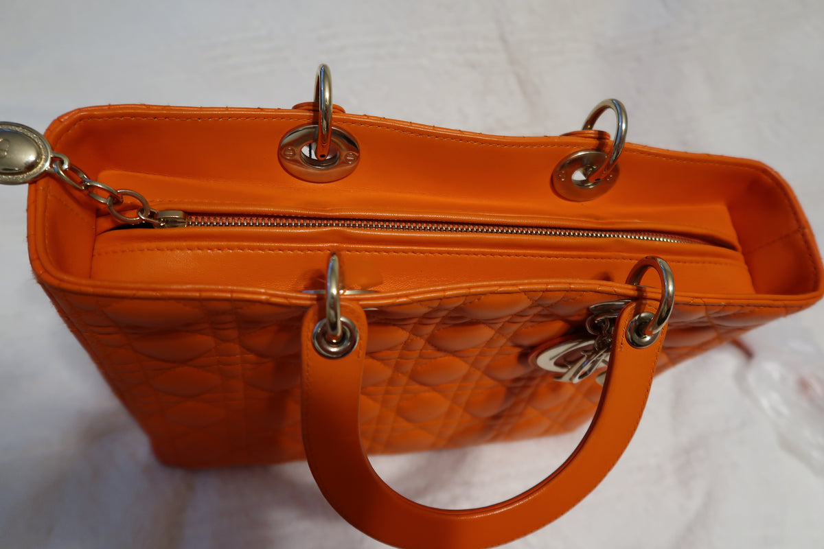 Christian Dior Large Lady Dior Bag – Orange Cannage Quilt Lambskin Leather With Strap Pristine Condition
