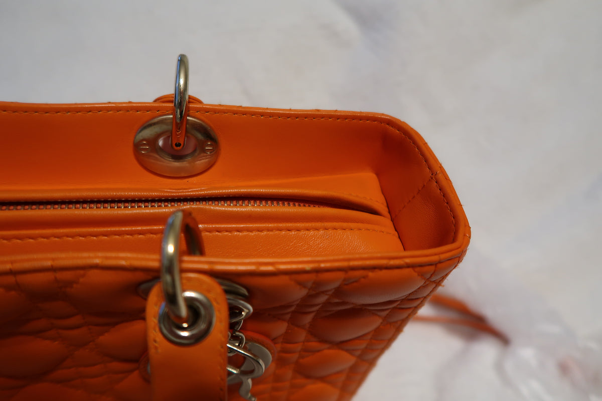 Christian Dior Large Lady Dior Bag – Orange Cannage Quilt Lambskin Leather With Strap Pristine Condition