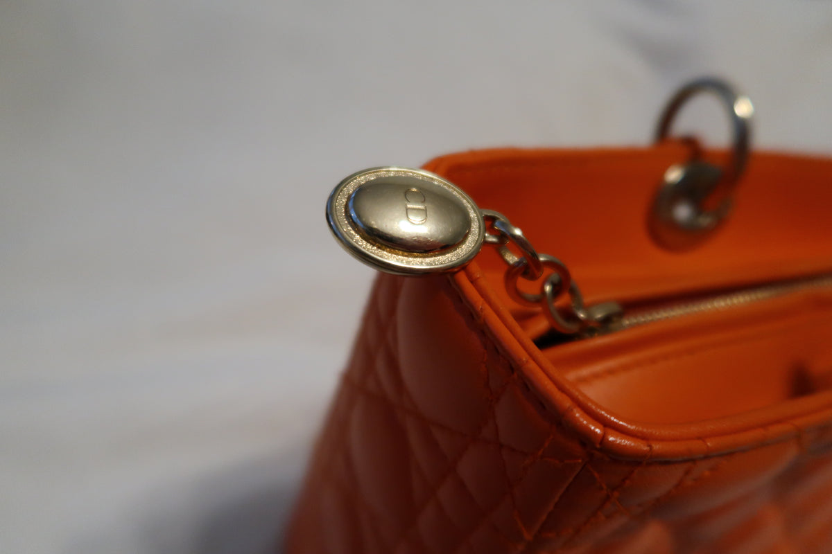 Christian Dior Large Lady Dior Bag – Orange Cannage Quilt Lambskin Leather With Strap Pristine Condition