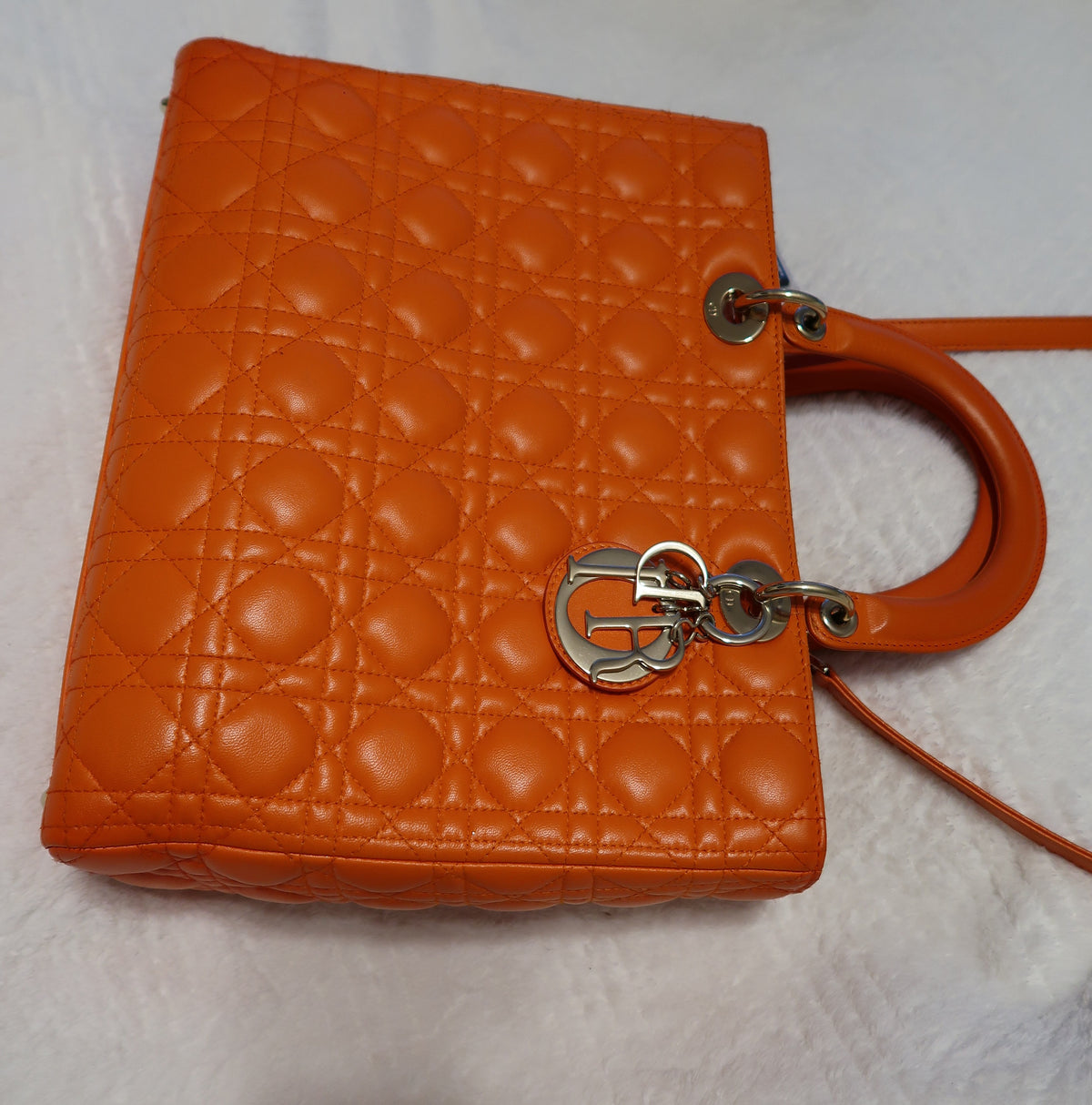 Christian Dior Large Lady Dior Bag – Orange Cannage Quilt Lambskin Leather With Strap Pristine Condition