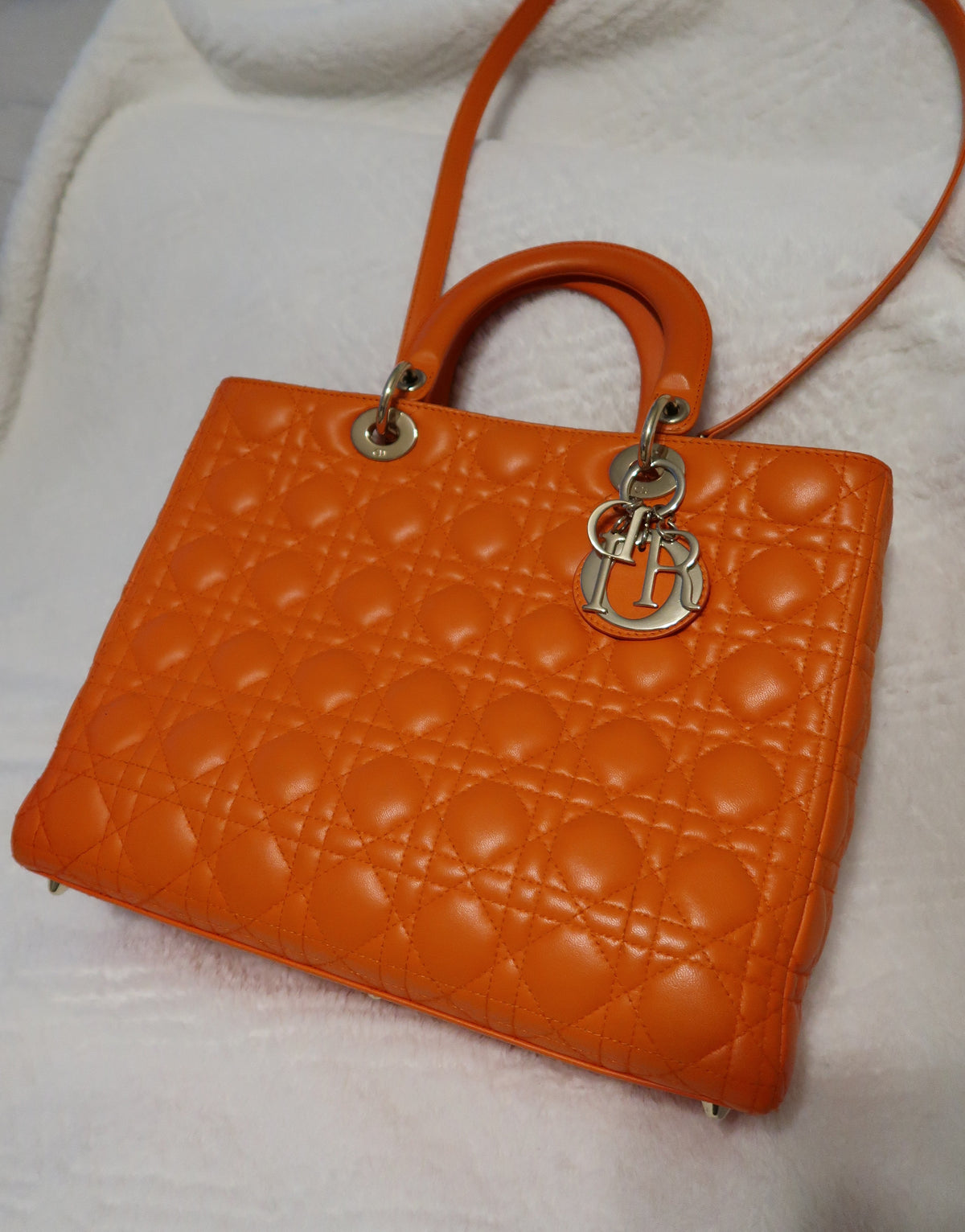 Christian Dior Large Lady Dior Bag – Orange Cannage Quilt Lambskin Leather With Strap Pristine Condition