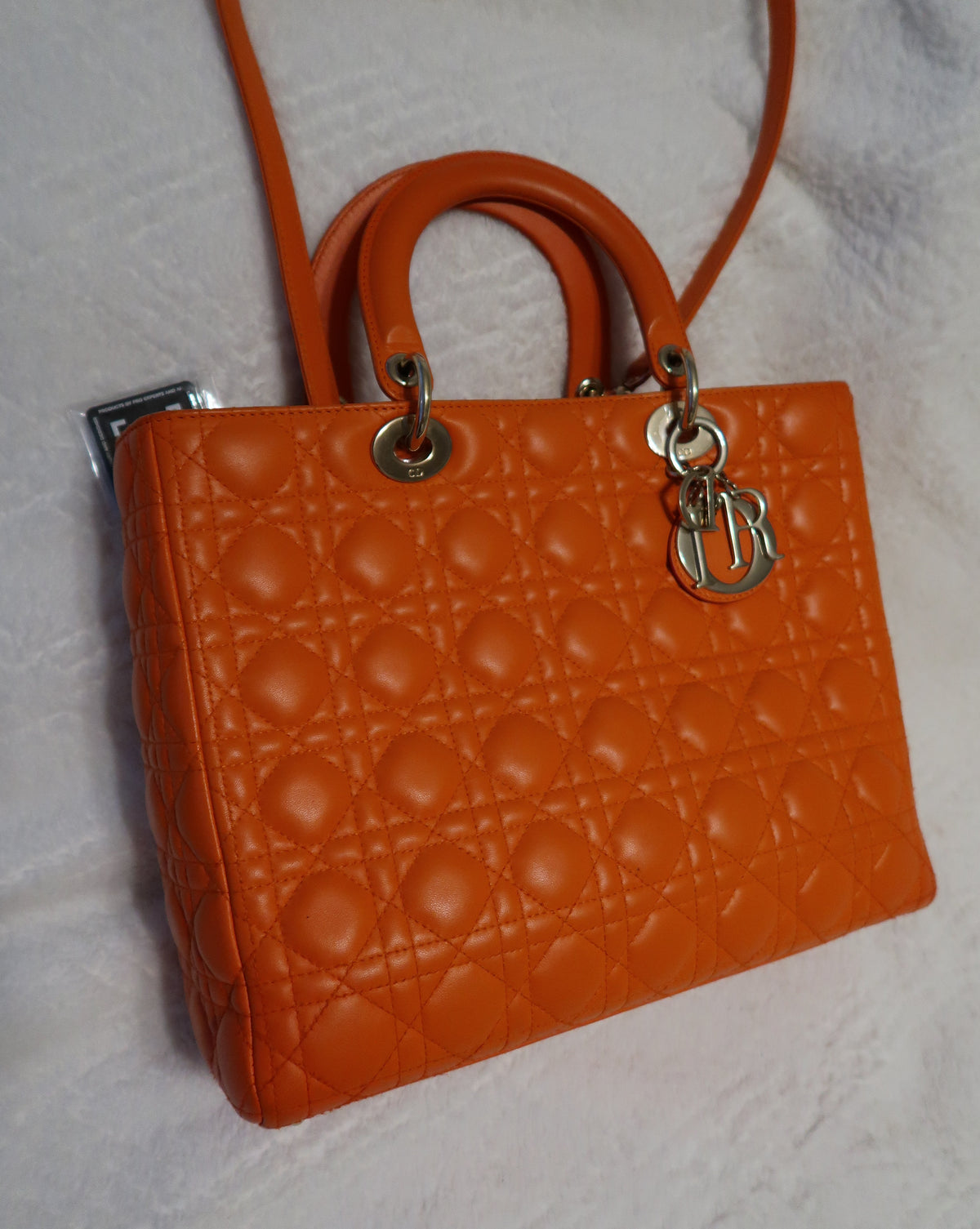 Christian Dior Large Lady Dior Bag – Orange Cannage Quilt Lambskin Leather With Strap Pristine Condition