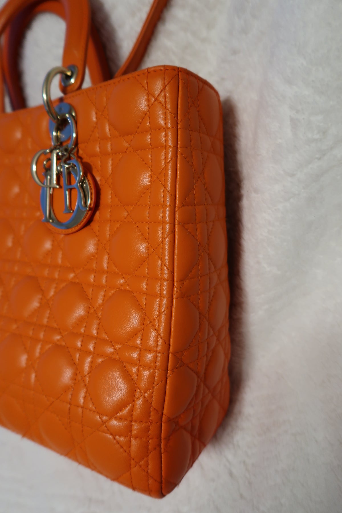 Christian Dior Large Lady Dior Bag – Orange Cannage Quilt Lambskin Leather With Strap Pristine Condition