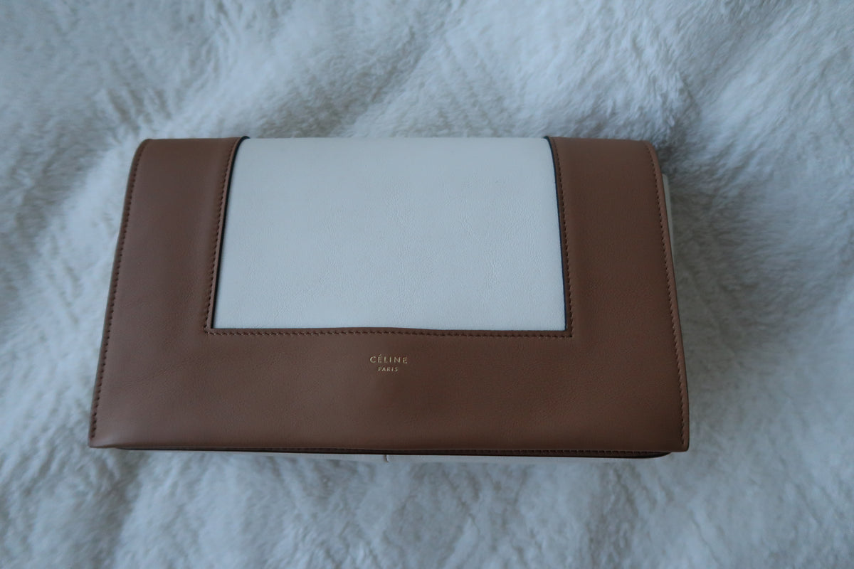 Celine Shiny Smooth Calfskin Medium Frame Shoulder Bag Tan Optic White
