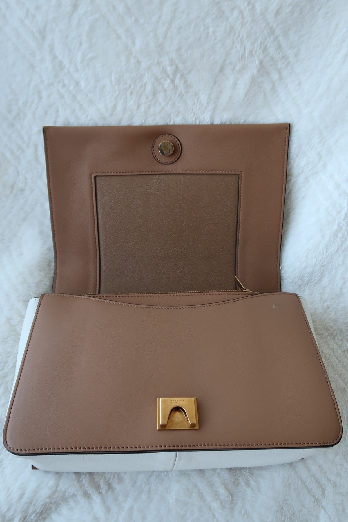 Celine Shiny Smooth Calfskin Medium Frame Shoulder Bag Tan Optic White