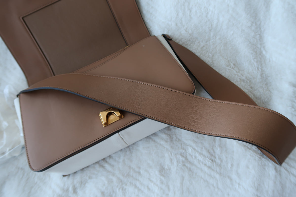 Celine Shiny Smooth Calfskin Medium Frame Shoulder Bag Tan Optic White