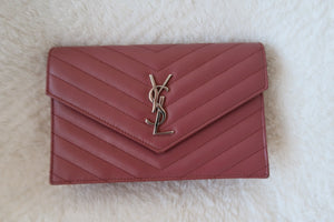 Saint Laurent Pink Leather Classic Monogram Envelope Wallet on chain