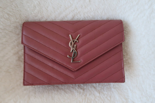 Saint Laurent Pink Leather Classic Monogram Envelope Wallet on chain