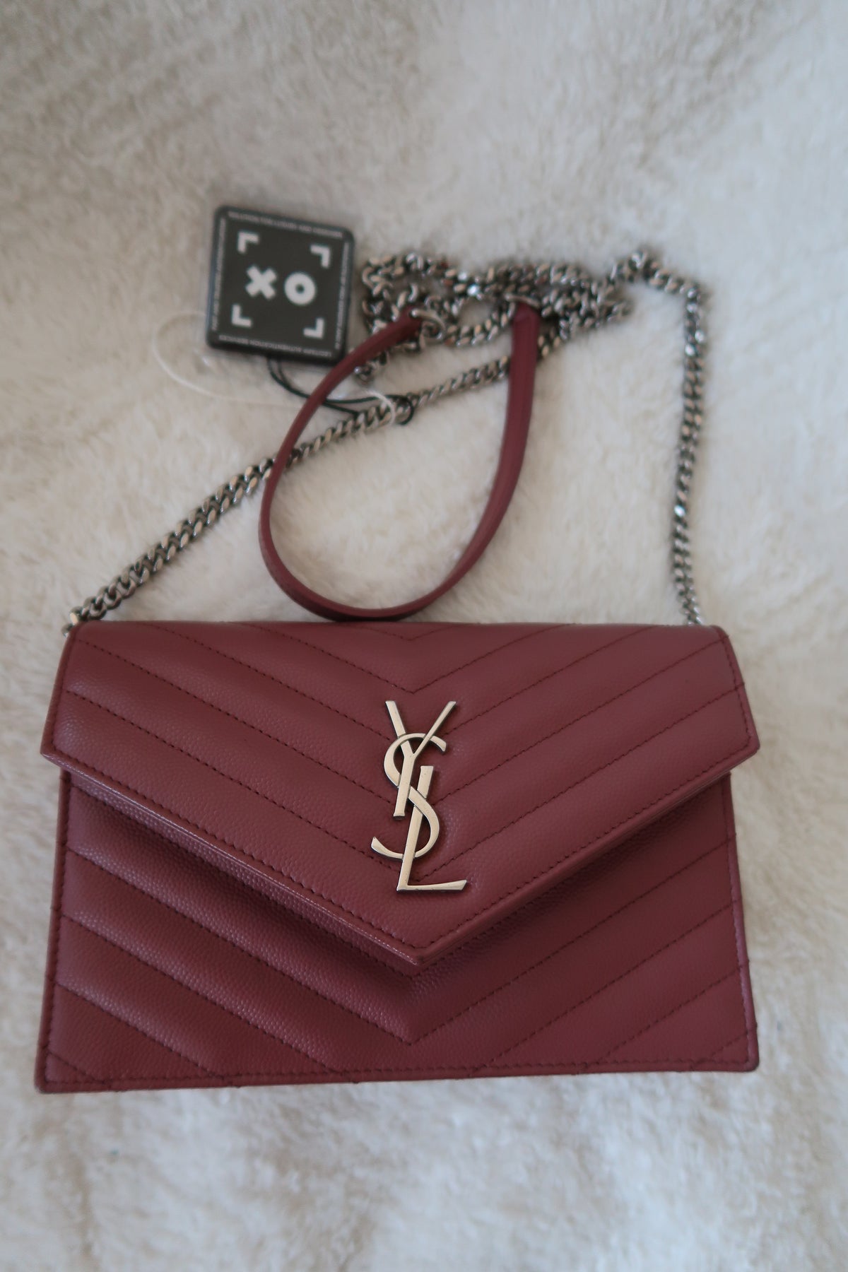 Saint Laurent Pink Leather Classic Monogram Envelope Wallet on chain