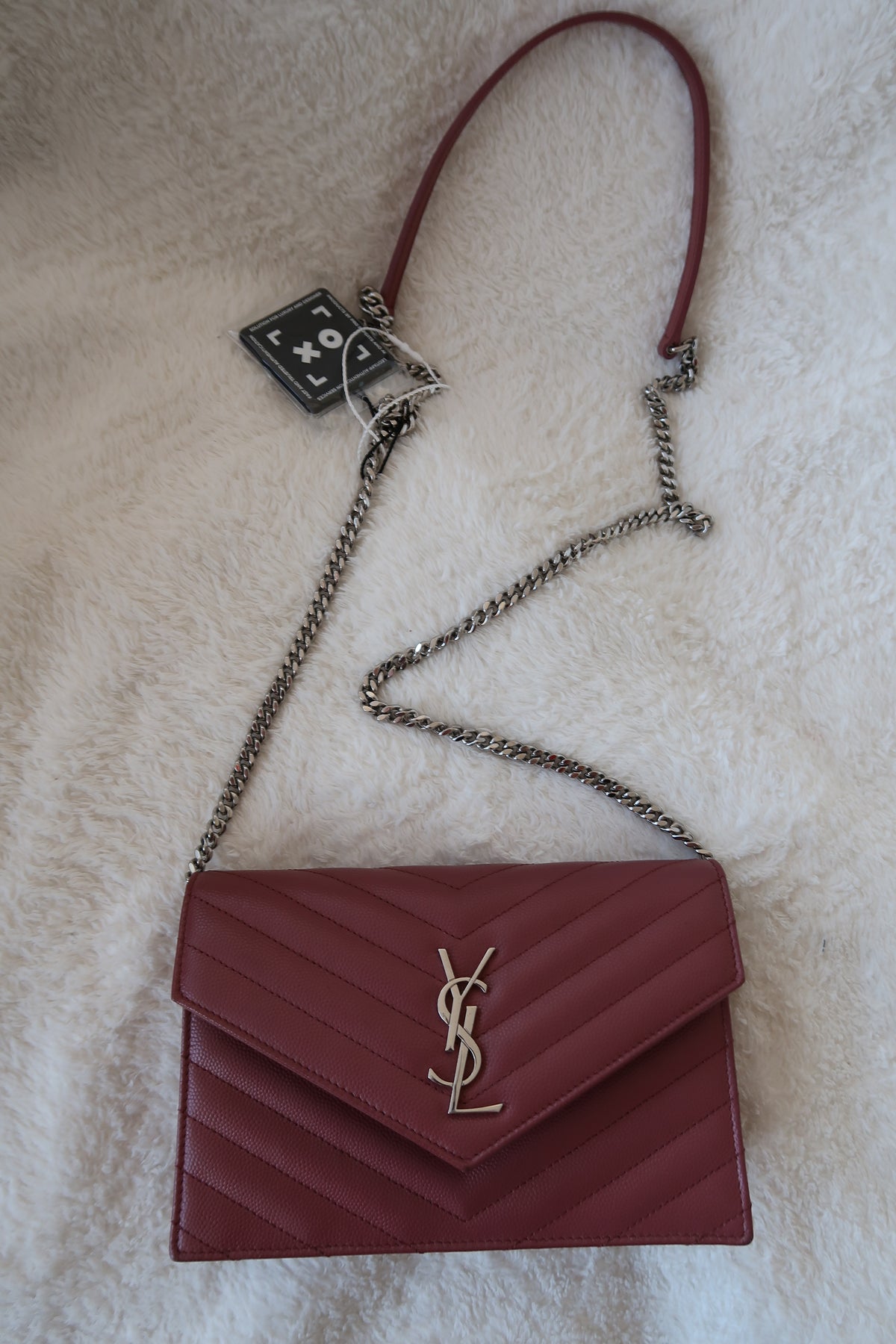 Saint Laurent Pink Leather Classic Monogram Envelope Wallet on chain