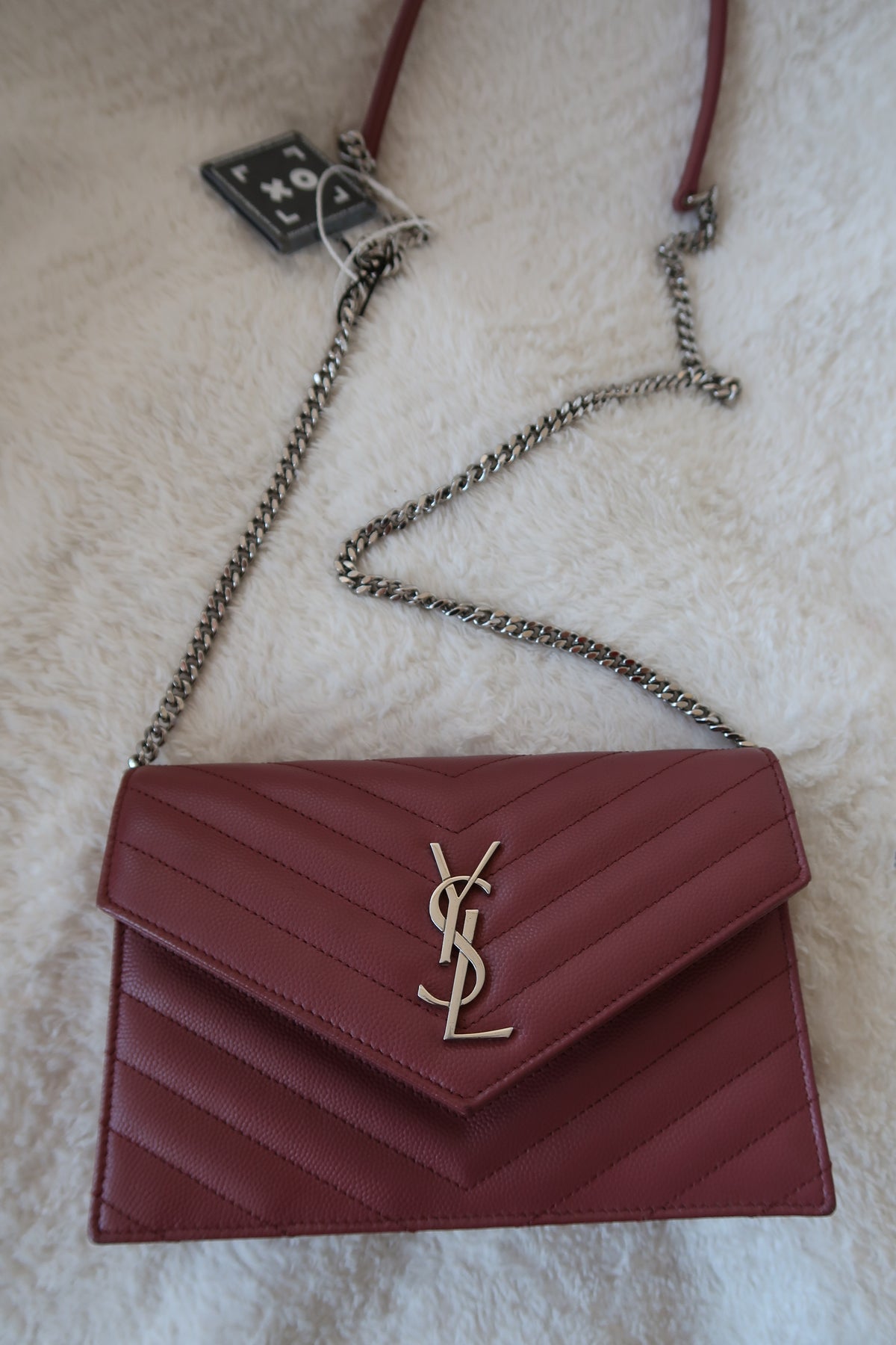 Saint Laurent Pink Leather Classic Monogram Envelope Wallet on chain