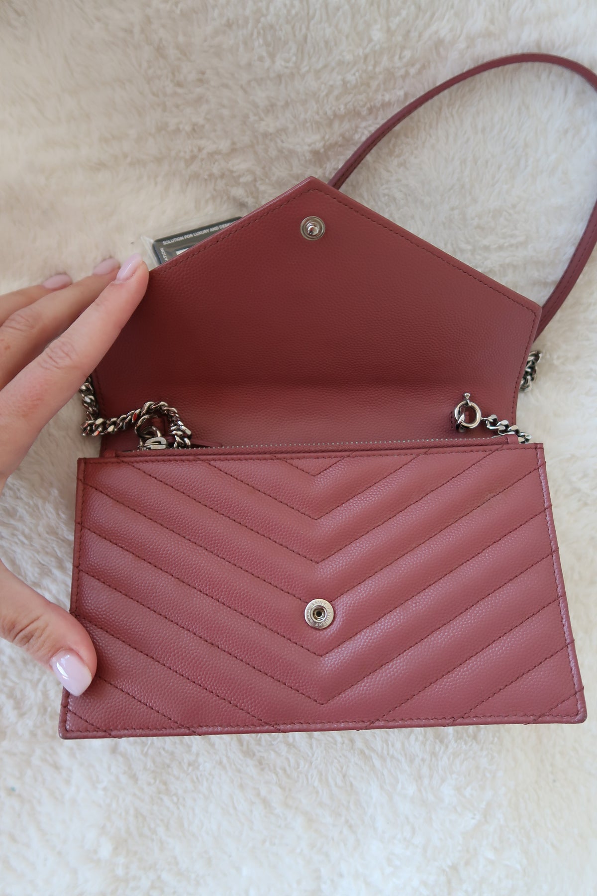 Saint Laurent Pink Leather Classic Monogram Envelope Wallet on chain