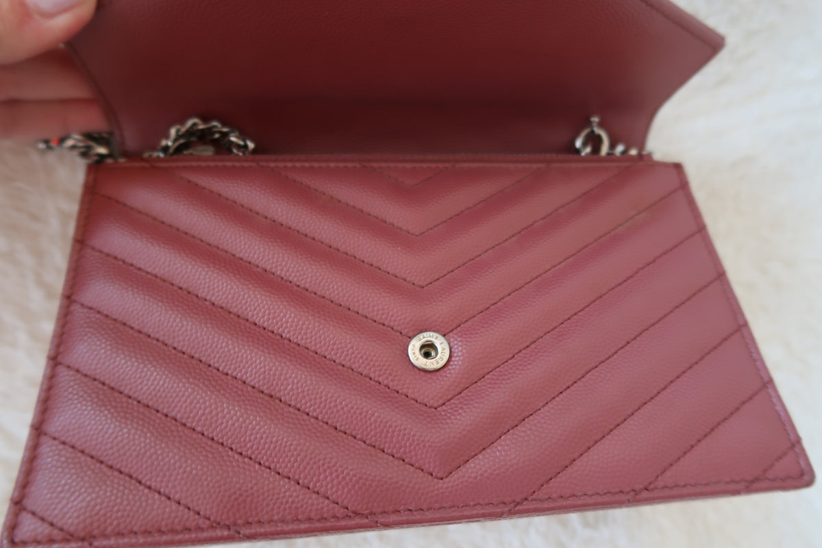 Saint Laurent Pink Leather Classic Monogram Envelope Wallet on chain