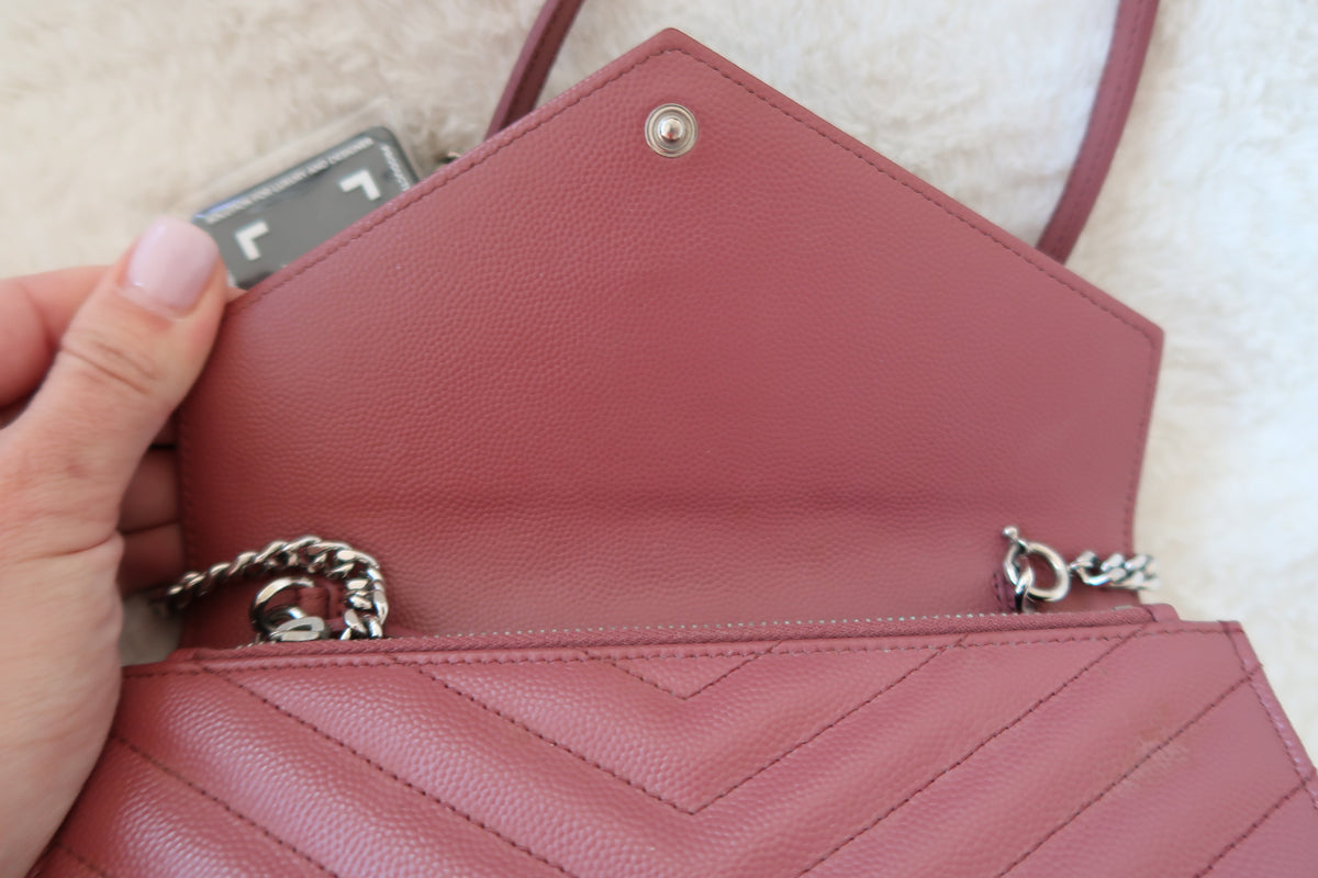 Saint Laurent Pink Leather Classic Monogram Envelope Wallet on chain