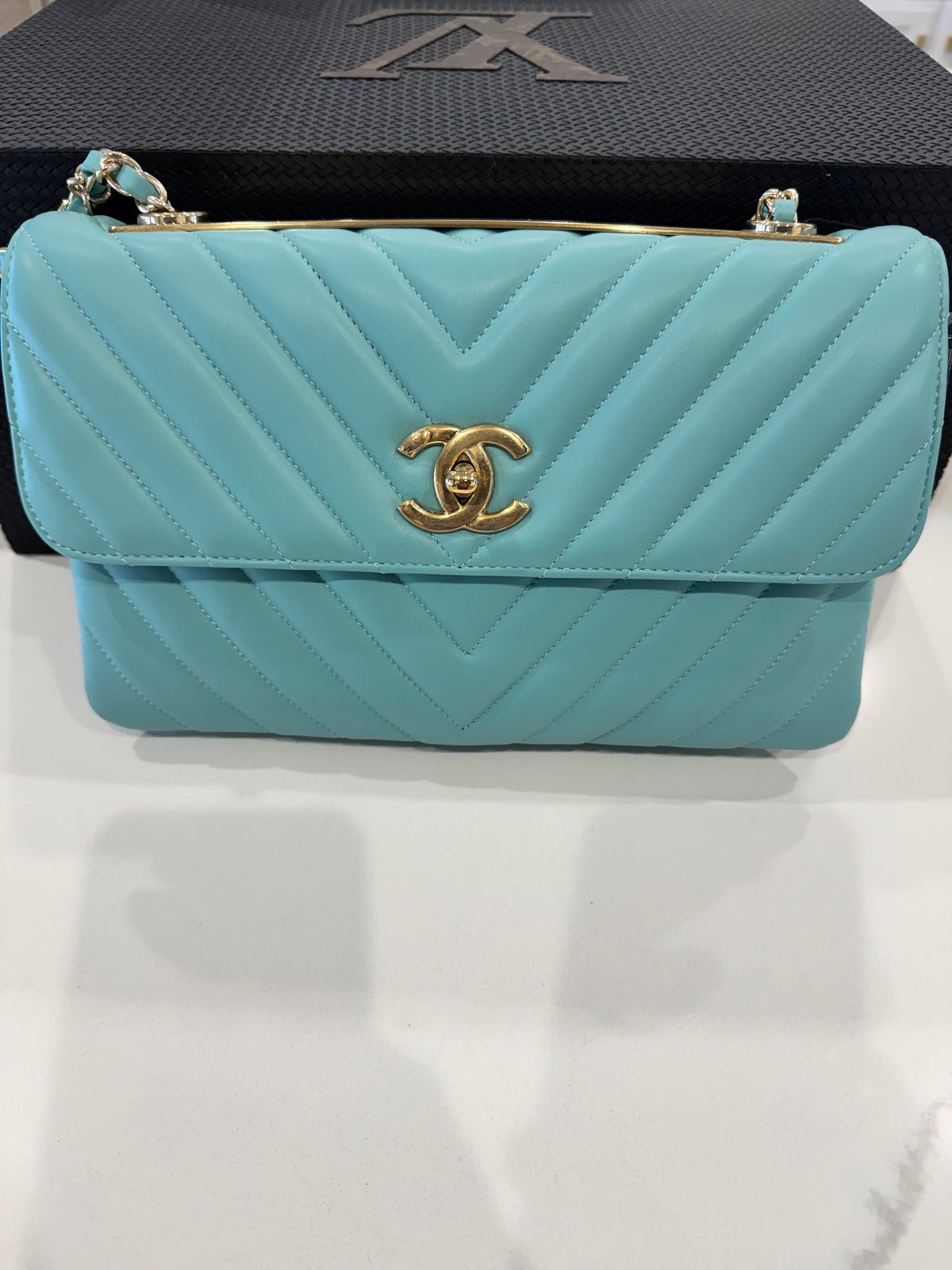 RARE Chanel Trendy CC Flap Bag Chevron Lambskin Medium - Tiffany Blue