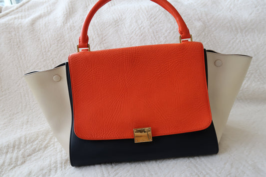 Celine Trapeze Tricolor Leather Top Handle Bag – Orange, Navy & Ivory