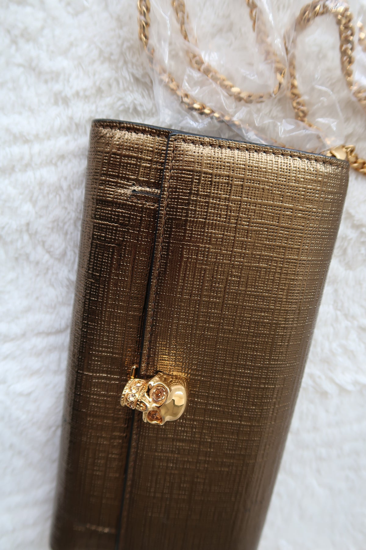 Alexander McQueen Skull Leather Continental Wallet on Chain Clutch Bag New with Box