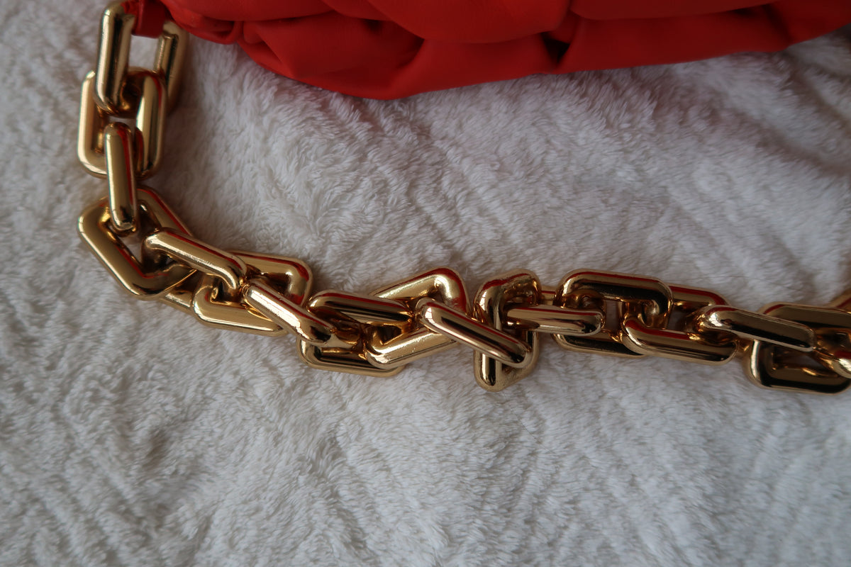 Bottega Veneta The Chain Pouch – Orange Leather with Gold Chain