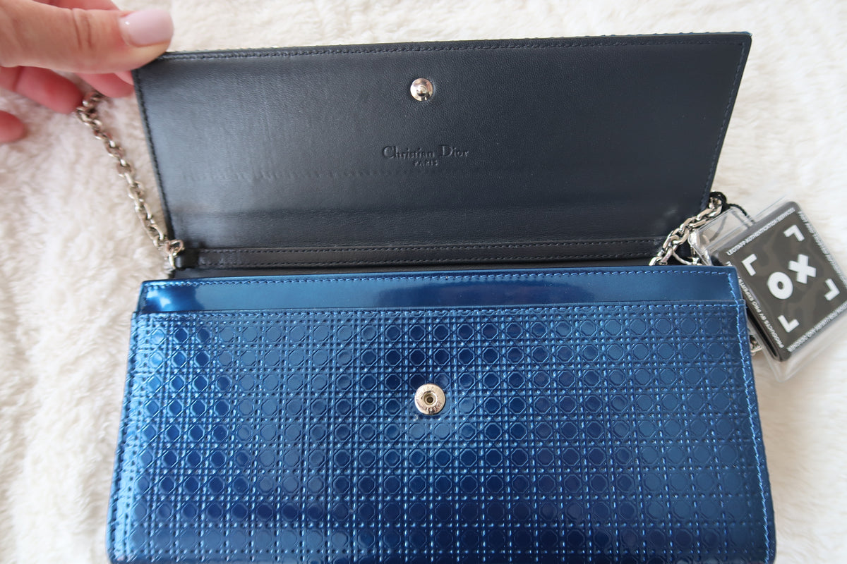 Christian Dior Blue Cannage Lady Dior Convertible Chain Clutch Wallet on Chain