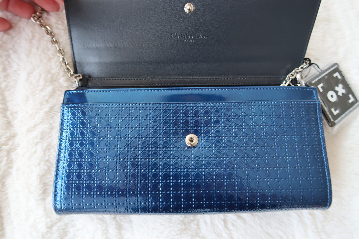 Christian Dior Blue Cannage Lady Dior Convertible Chain Clutch Wallet on Chain