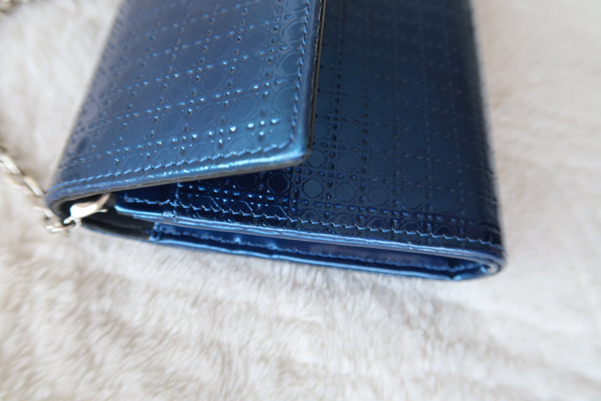 Christian Dior Blue Cannage Lady Dior Convertible Chain Clutch Wallet on Chain