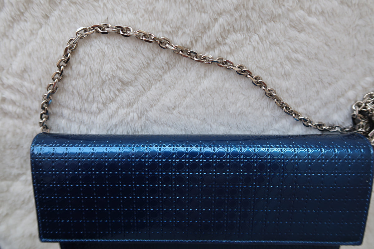 Christian Dior Blue Cannage Lady Dior Convertible Chain Clutch Wallet on Chain