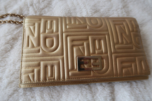 Fendi Baguette Gold Embossed Clutch Wallet on Chain Shoulder Bag